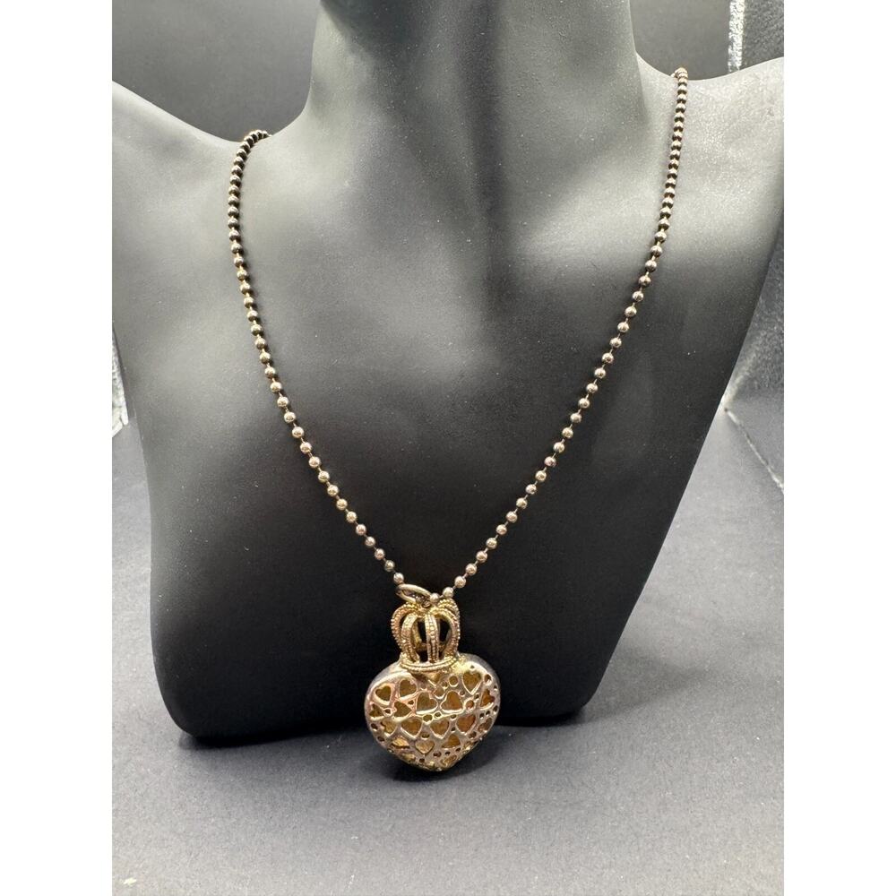 Vintage 925 Sterling Silver Puffy Heart Crown Cut Out Pendant Chain Necklace